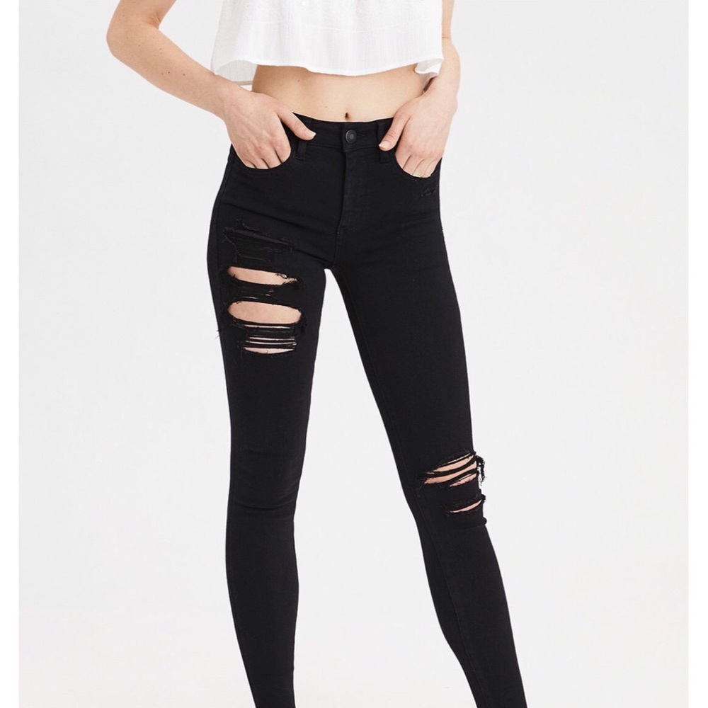 High waisted black distressed AE Jeggings